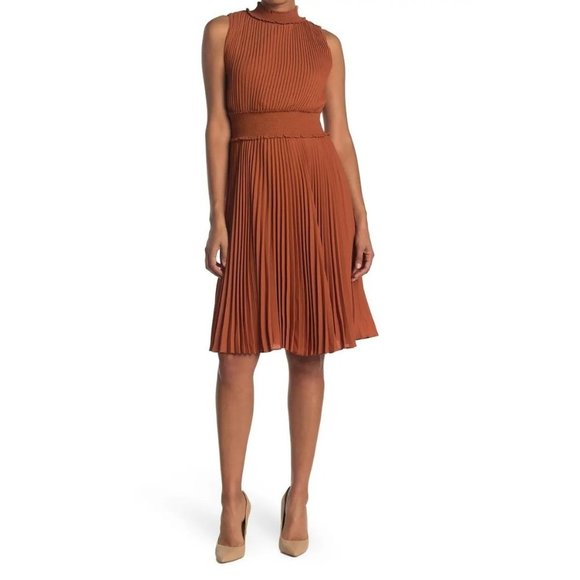 Nanette Lepore Dresses & Skirts - Nanette Lepore Copper Sleeveless Mock Neck Pleated Chiffon Midi Dress Sz 14 NWT